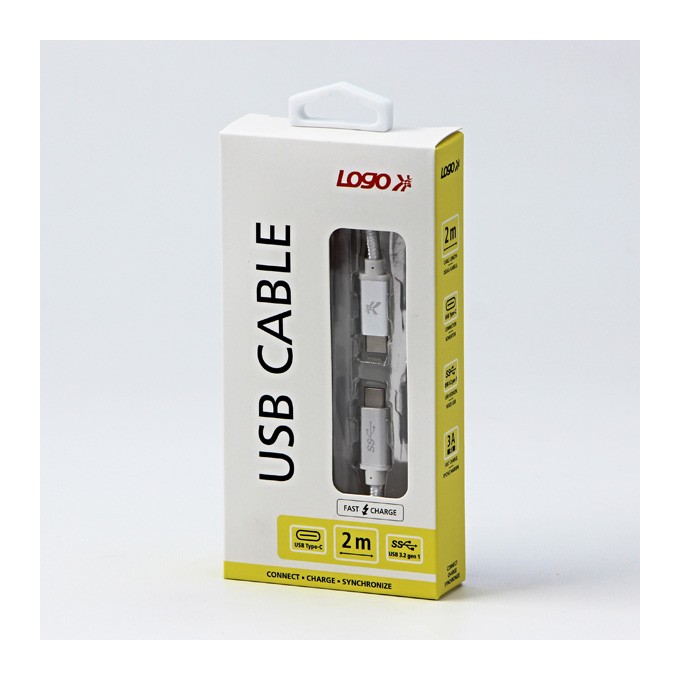 Logo USB kabel (3.2 gen 1), USB C (M) - USB C (M), 2m, 5 Gb/s, 5V/3A, biały, box, oplot nylonowy, aluminiowa osłona 