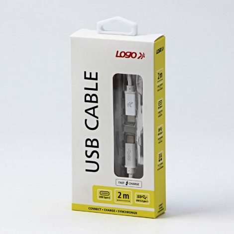 Logo USB kabel (3.2 gen 1), USB C (M) - USB C (M), 2m, 5 Gb/s, 5V/3A, biały, box, oplot nylonowy, aluminiowa osłona 