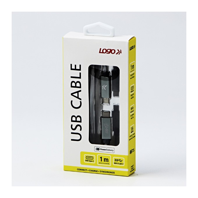 Logo USB kabel (3.2 gen 2), USB C (M) - USB C (M), 1m, Power Delivery 100W, 10 Gb/s, 20V/5A, srebrny, box, oplot 