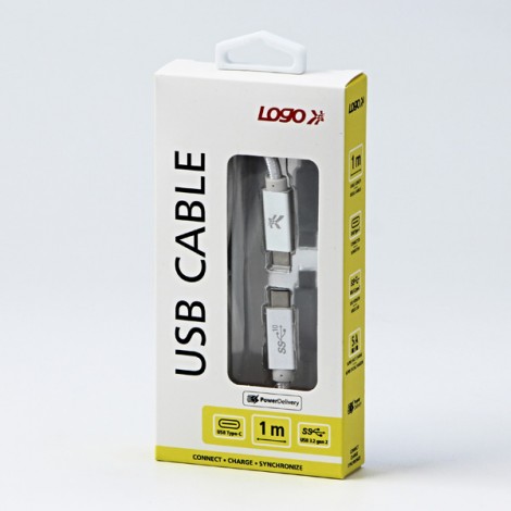 Logo USB kabel (3.2 gen 2), USB C (M) - USB C (M), 1m, Power Delivery 100W, 10 Gb/s, 20V/5A, biały, box, oplot 