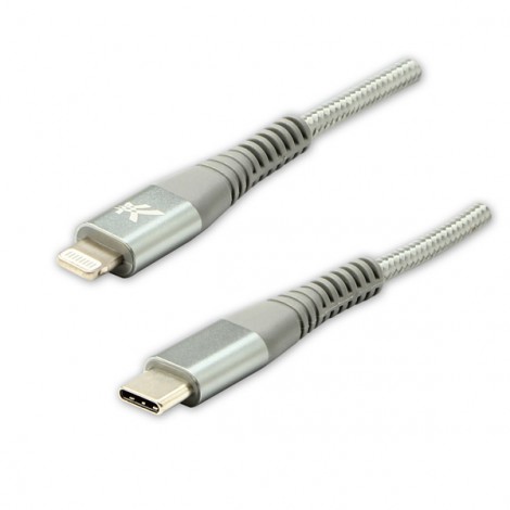 Logo USB kabel (2.0), USB C (M) - Apple Lightning M, 1m, MFi certifikat, 5V/3A, srebrny, box, oplot nylonowy, aluminiowa 