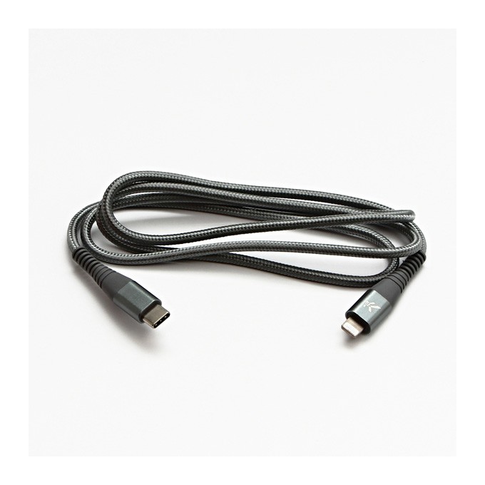 Logo USB kabel (2.0), USB C (M) - Apple Lightning M, 1m, MFi certifikat, 5V/3A, srebrny, box, oplot nylonowy, aluminiowa 