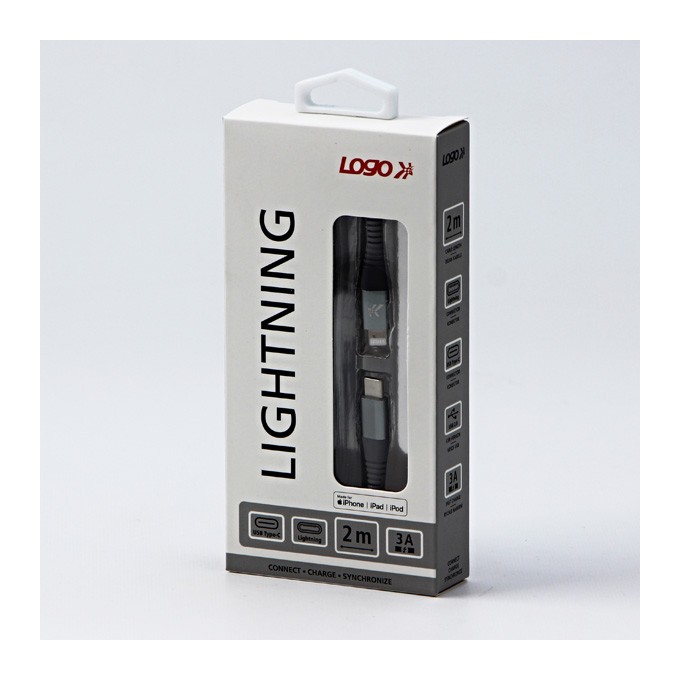 Logo USB kabel (2.0), USB C (M) - Apple Lightning M, 2m, MFi certifikat, 5V/3A, srebrny, box, oplot nylonowy, aluminiowa 