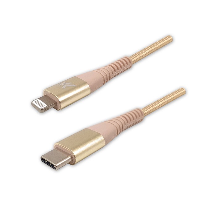 Logo USB kabel (2.0), USB C (M) - Apple Lightning M, 2m, MFi certifikat, 5V/3A, złoty, box, oplot nylonowy, aluminiowa 
