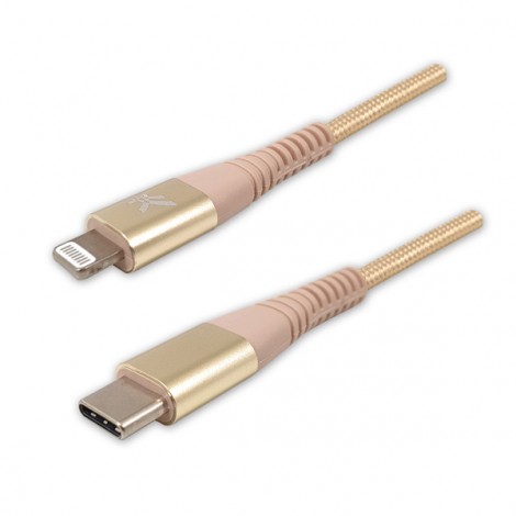 Logo USB kabel (2.0), USB C (M) - Apple Lightning M, 2m, MFi certifikat, 5V/3A, złoty, box, oplot nylonowy, aluminiowa 