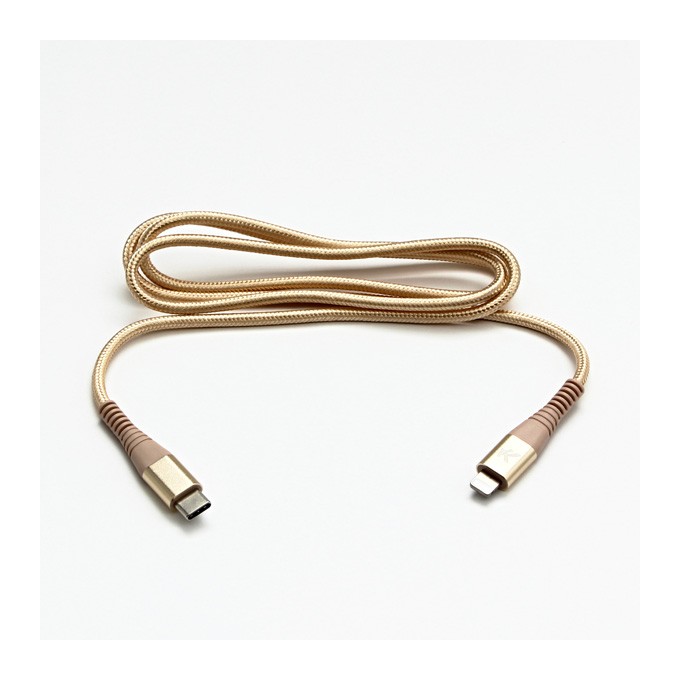 Logo USB kabel (2.0), USB C (M) - Apple Lightning M, 2m, MFi certifikat, 5V/3A, złoty, box, oplot nylonowy, aluminiowa 