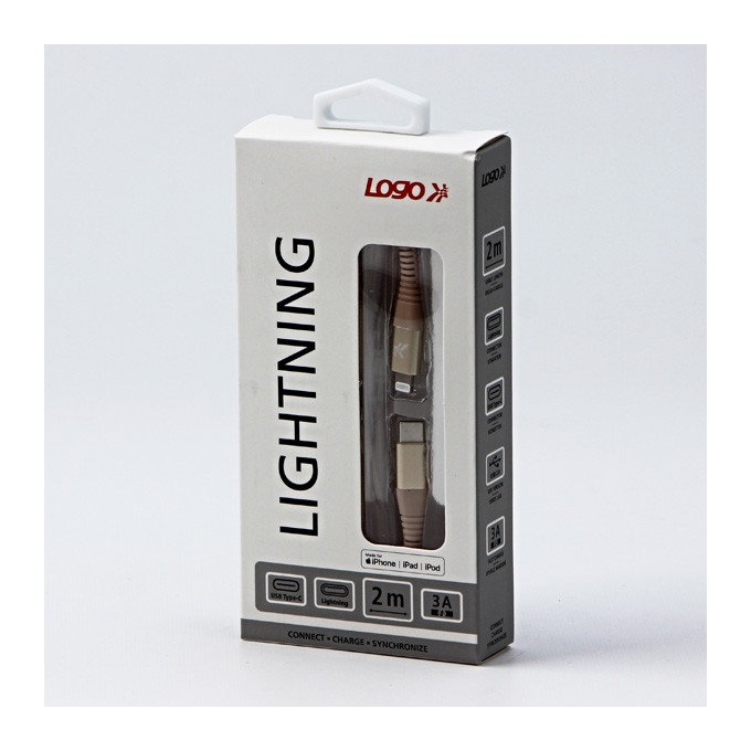 Logo USB kabel (2.0), USB C (M) - Apple Lightning M, 2m, MFi certifikat, 5V/3A, złoty, box, oplot nylonowy, aluminiowa 