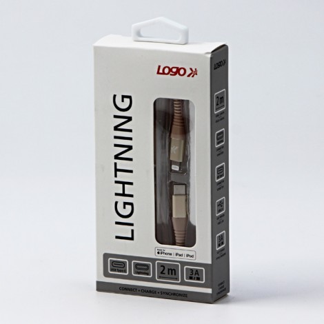 Logo USB kabel (2.0), USB C (M) - Apple Lightning M, 2m, MFi certifikat, 5V/3A, złoty, box, oplot nylonowy, aluminiowa 