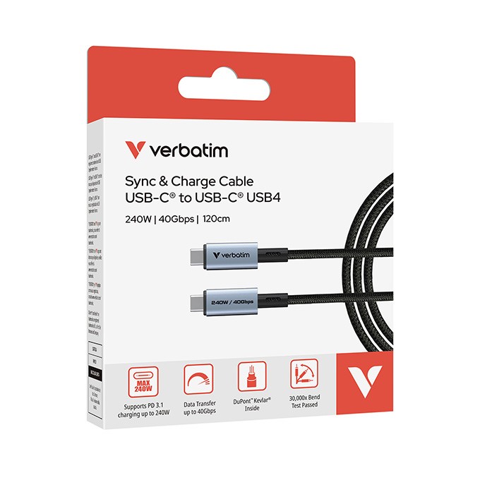 Verbatim USB kabel USB C (M) - USB C (M), 240W, 1.2m, czarny, box, 31847