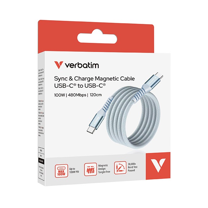 Verbatim USB kabel USB C (M) - USB C (M), 100W, 1.2m, magnetyczny, niebieski, box, 31856
