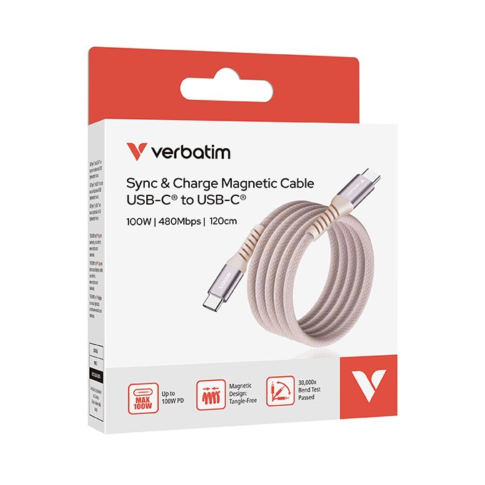 Verbatim USB kabel USB C (M) - USB C (M), 100W, 1.2m, magnetyczny, różowy, box, 31857