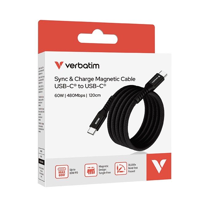 Verbatim USB kabel USB C (M) - USB C (M), 60W, 1.2m, magnetyczny, czarny, box, 31859