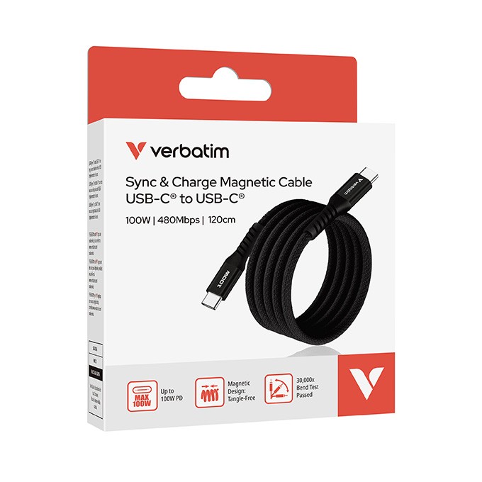 Verbatim USB kabel USB C (M) - USB C (M), 100W, 1.2m, magnetyczny, czarny, box, 31863