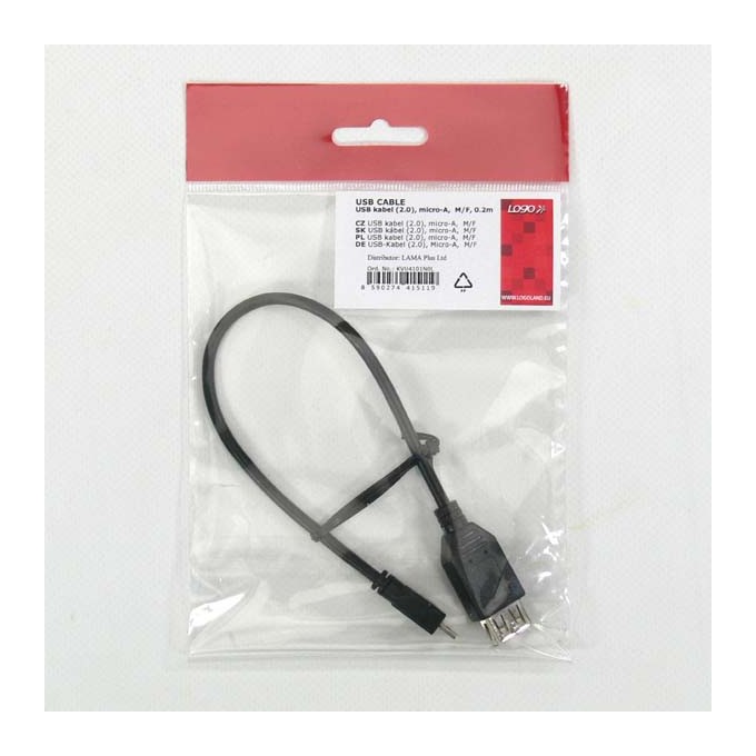 Logo USB kabel (2.0), microUSB (M) - USB A F, 0.2m, OTG, czarny