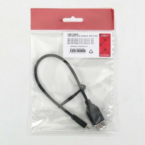 Logo USB kabel (2.0), microUSB (M) - USB A F, 0.2m, OTG, czarny