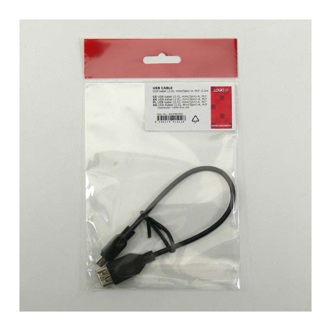 Logo USB kabel (2.0), miniUSB (M) - USB A F, 0.2m, czarny