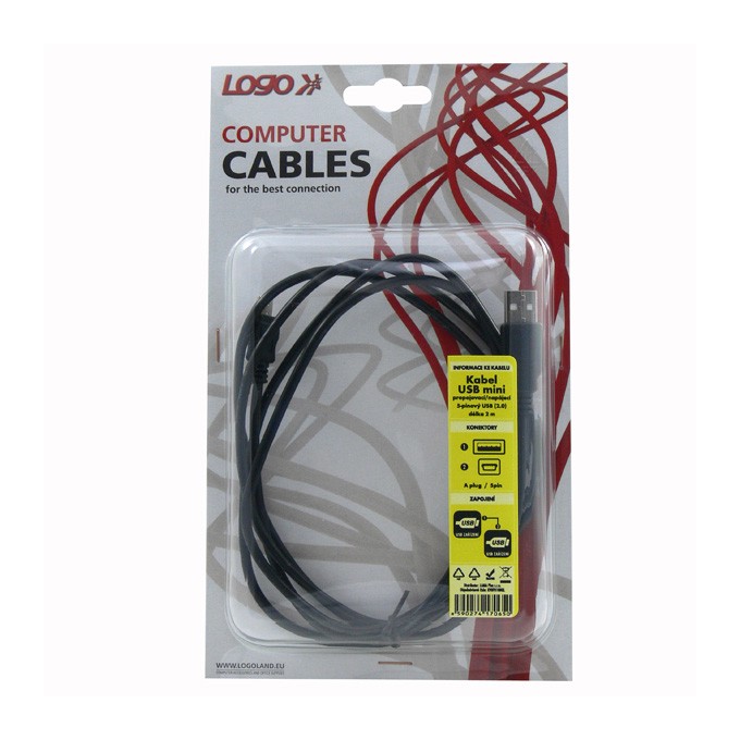 Logo USB kabel (2.0), USB A M - miniUSB (M), 1.8m, czarny, blistr