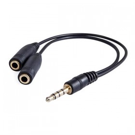 Audio redukcja, Jack (3.5mm) M 4-polowy - 2x Jack (3.5mm) F, 0.2 m, stereo, czarna, Logo blistr