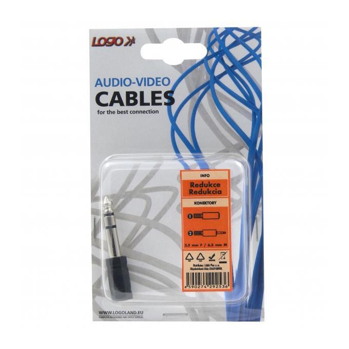 Audio redukcja, Jack (6.3mm) M - Jack (3,5mm) F, stereo, czarna, Logo blistr