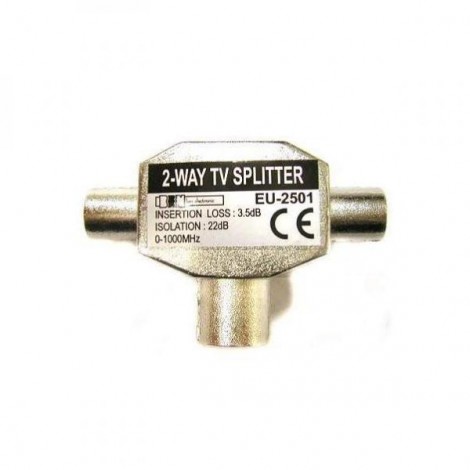 Antena rozgałęźnik, na 2 TV, Coax (9,5mm) F - 2x Coax (9.5mm) M, srebrna, metalowy Antena rozgałęźnik, na 2 TV, Coax (9,5mm) F - 2x Coax (9.5mm) M, srebrna, metalowy
