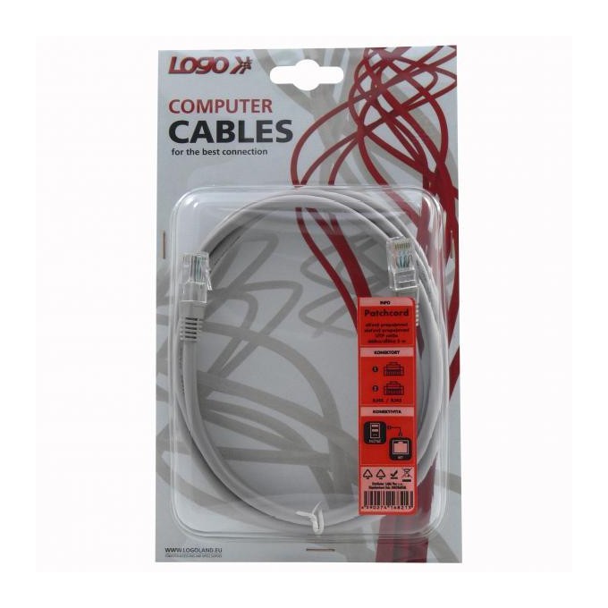 Przewód LAN UTP patchcord, Cat.5e, RJ45 M - RJ45 M, 2 m, nieekranowany, szary, Logo blistr