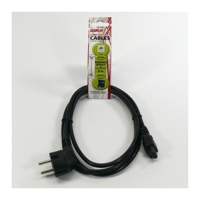 Kabel sieciowy 230V do zasilacza laptopa, CEE7 (widelec) - C5, 2m, VDE approved, czarny, Logo, koncówka C5