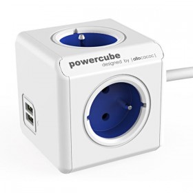 Kabel sieciowy 230V przedłużacz, CEE7 (widelec) - POWERCUBE, 1.5m, EXTENDED USB, niebieski, POWERCUBE, 4 gniazdka + 2 