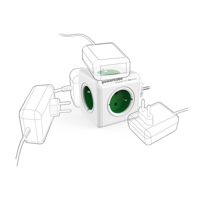 Listwa zasilająca 240V, CEE7 (widelec) - POWERCUBE, 0.1m, ORIGINAL, zielona, POWERCUBE, 5 gniazdek, zabezpieczenie 
