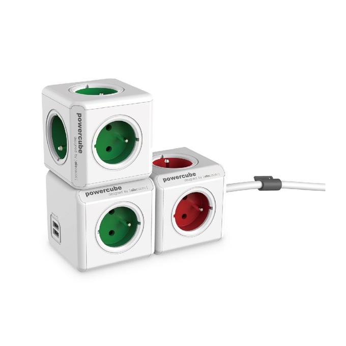 Listwa zasilająca 240V, CEE7 (widelec) - POWERCUBE, 0.1m, ORIGINAL, zielona, POWERCUBE, 5 gniazdek, zabezpieczenie 