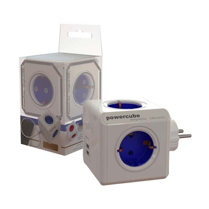 Listwa zasilająca 240V, CEE7 (widelec) - POWERCUBE, 0.1m, ORIGINAL USB, niebieska, POWERCUBE, 4 gniazdka + 2 porty USB
