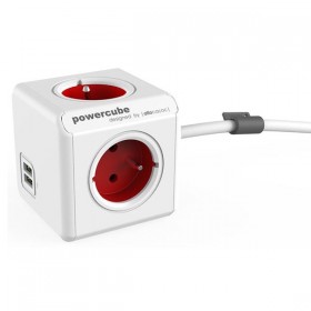 Kabel sieciowy 230V przedłużacz, CEE7 (widelec) - POWERCUBE, 1.5m, EXTENDED USB, czerwony, POWERCUBE, 4 gniazdka + 2 