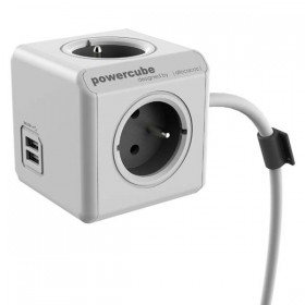 Kabel sieciowy 230V przedłużacz, CEE7 (widelec) - POWERCUBE, 1.5m, EXTENDED USB, szary, POWERCUBE, 2 porty USB, 4 
