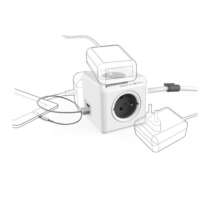 Kabel sieciowy 230V przedłużacz, CEE7 (widelec) - POWERCUBE, 1.5m, EXTENDED USB, szary, POWERCUBE, 2 porty USB, 4 