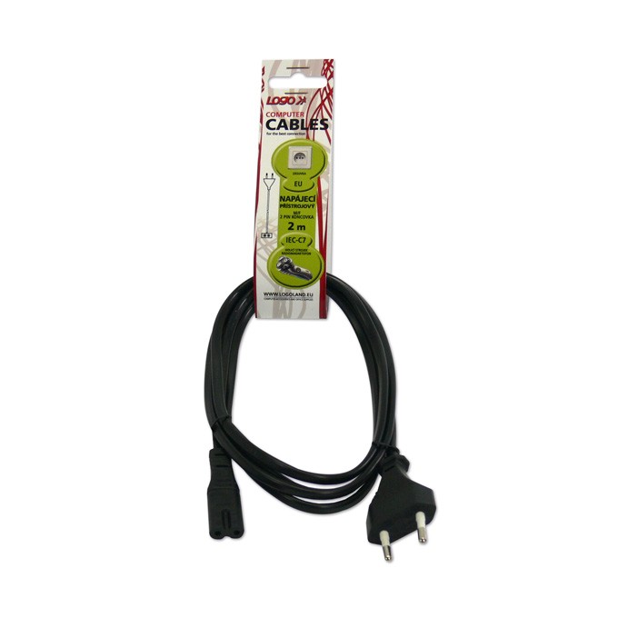 Kabel sieciowy 230V zasilacz, CEE7/16 (euro radiowy) - C7, 2m, VDE approved, czarny, Logo, 2-pinowe złącze
