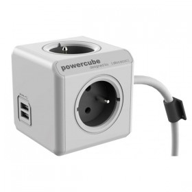Kabel sieciowy 230V przedłużacz, CEE7 (widelec) - POWERCUBE, 3m, EXTENDED USB, szary, POWERCUBE, 4 gniazdka, zab. 