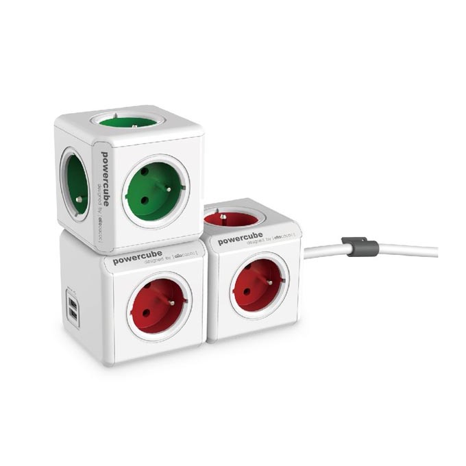 Listwa zasilająca 240V, CEE7 (widelec) - POWERCUBE, 0.1m, ORIGINAL USB, czerwona, POWERCUBE, 4 gniazdka + 2 porty USB