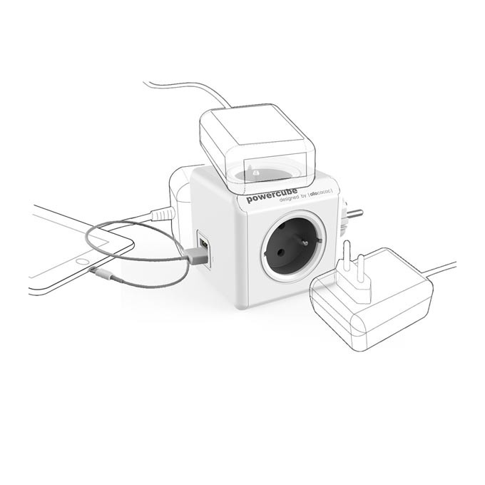 Listwa zasilająca 240V, CEE7 (widelec) - POWERCUBE, 0.1m, ORIGINAL USB, szara, POWERCUBE, 4 gniazdka + 2 porty USB