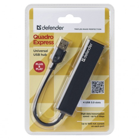 USB (3.0) HUB 4-port, Quadro Express, czarny, Defender, kompaktowy USB (3.0) HUB 4-port, Quadro Express, czarny, Defender, kompaktowy
