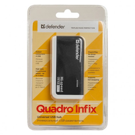 USB (2.0) hub 4-port, Quadro Infix, czarno-szara, Defender, wskaźnik LED, kompaktowy rozmiar USB (2.0) hub 4-port, Quadro Infix, czarno-szara, Defender, wskaźnik LED, kompaktowy rozmiar