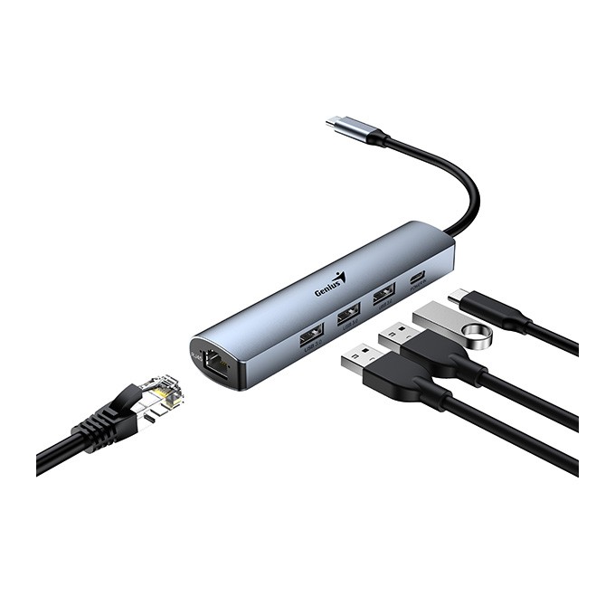 USB (3.0) hub 4-port, UH-545, szary, Genius, 3x USB 3.0, 1x RJ45