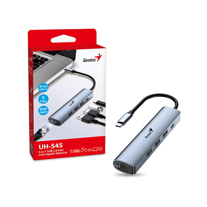USB (3.0) hub 4-port, UH-545, szary, Genius, 3x USB 3.0, 1x RJ45