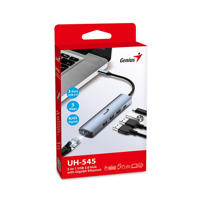 USB (3.0) hub 4-port, UH-545, szary, Genius, 3x USB 3.0, 1x RJ45