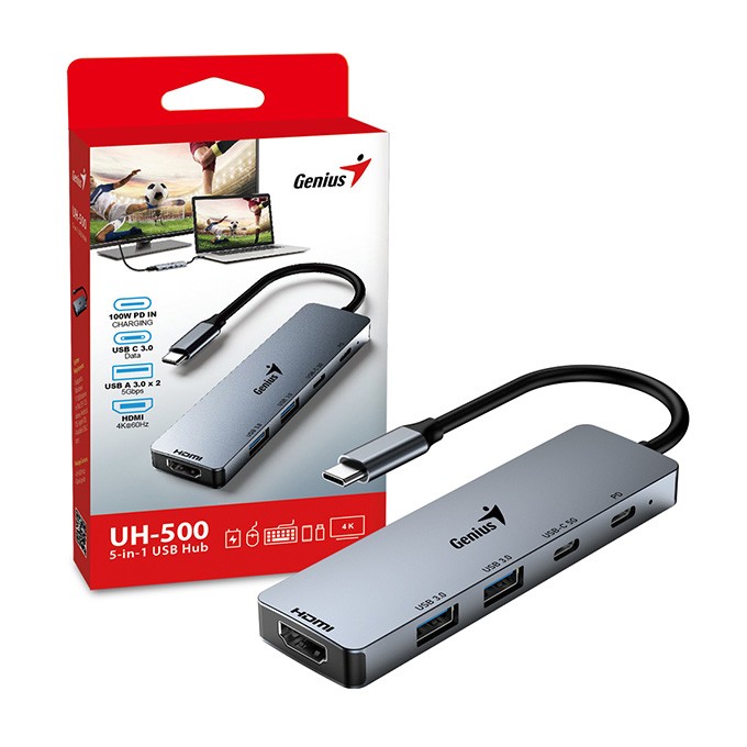 USB (3.0) hub 5-port, UH-500, szary, Genius, 2x USB 3.0,1x HDMI,2x USB-C,Power Delivery 100W