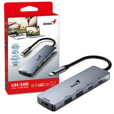 USB (3.0) hub 5-port, UH-500, szary, Genius, 2x USB 3.0,1x HDMI,2x USB-C,Power Delivery 100W USB (3.0) hub 5-port, UH-500, szary, Genius, 2x USB 3.0,1x HDMI,2x USB-C,Power Delivery 100W