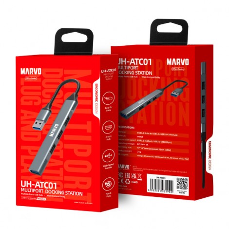 USB (3.0) hub 4-port, UH-ATC01, metalowy, Marvo USB (3.0) hub 4-port, UH-ATC01, metalowy, Marvo
