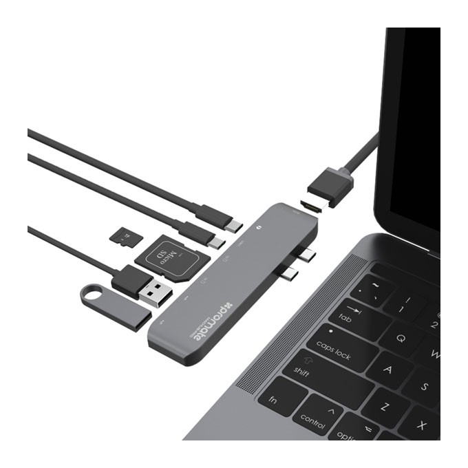 USB (3.1), USB typ C hub 7-port, MacHub-Pro, szary, Promate, USB 3.1, USB 3.0, Thunderbolt 3,TF, SD, HDMI, EOL