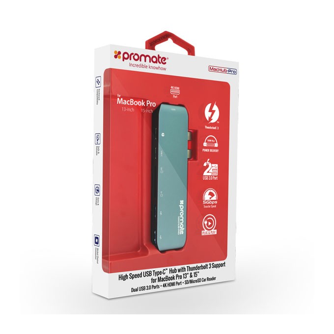 USB (3.1), USB typ C hub 7-port, MacHub-Pro, szary, Promate, USB 3.1, USB 3.0, Thunderbolt 3,TF, SD, HDMI, EOL