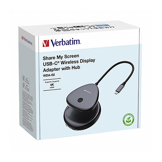 Bezprzewodowy adapter USB-C z koncentratorem WDA02 Share My Screen 4K 32147, czarny, długość przewodu 15cm, Verbatim