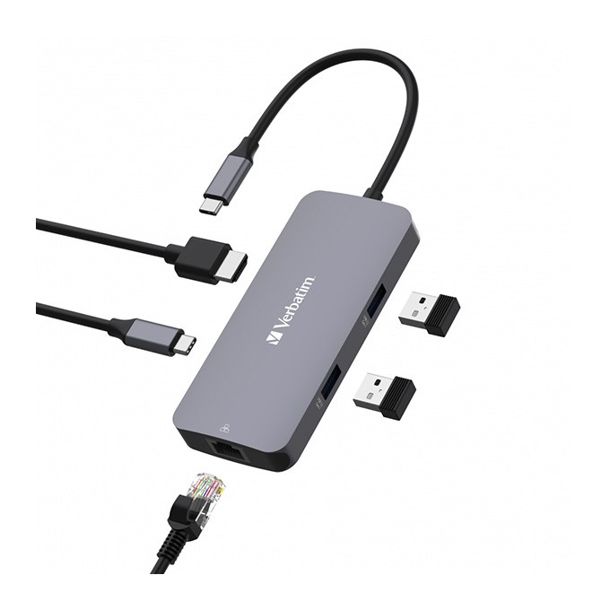 USB (3.2) hub 5-port, 32150, szara, długość przewodu 15cm, Verbatim, 1x USB C, 2x USB A, 1x HDMI