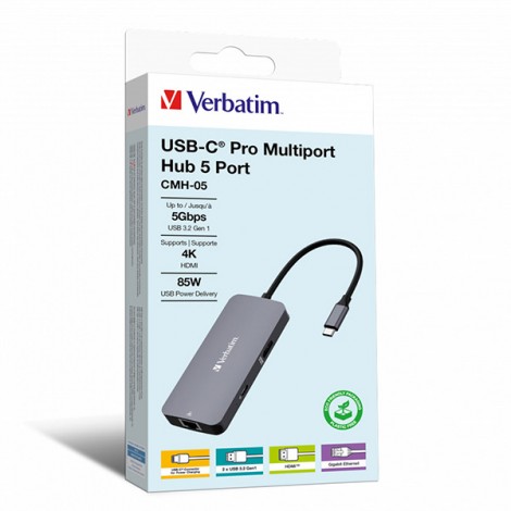 USB (3.2) hub 5-port, 32150, szara, długość przewodu 15cm, Verbatim, 1x USB C, 2x USB A, 1x HDMI USB (3.2) hub 5-port, 32150, szara, długość przewodu 15cm, Verbatim, 1x USB C, 2x USB A, 1x HDMI